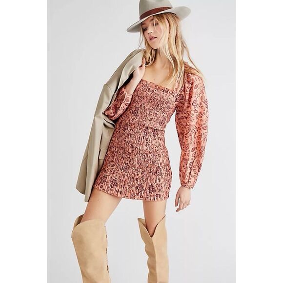 Free People Floral Long Sleeve Dress - Pink and Brown - Picture 4 of 10